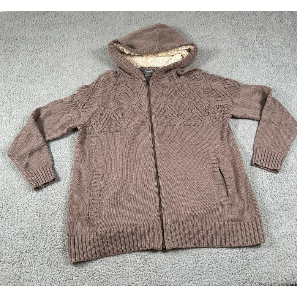 Natural Reflections Sweater Womens‎ Medium Taupe Hooded Zip Cardigan Sherpa Knit